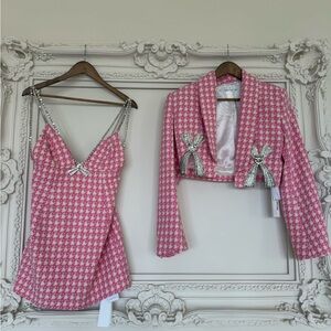 AREA Pink Houndstooth Dress and Jacket Set with tags.